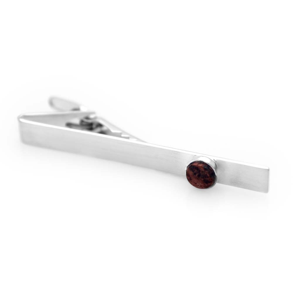 Sterling silver tie clip with red granite in a silver setting, handcrafted by GULDVIVA